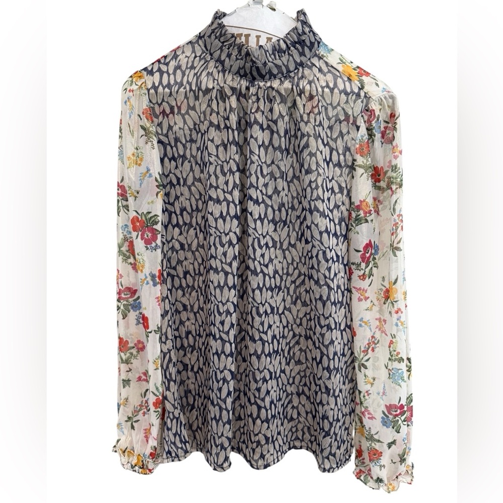Current Air Mixed-Print Ruffle Neck Blouse - Navy and Floral